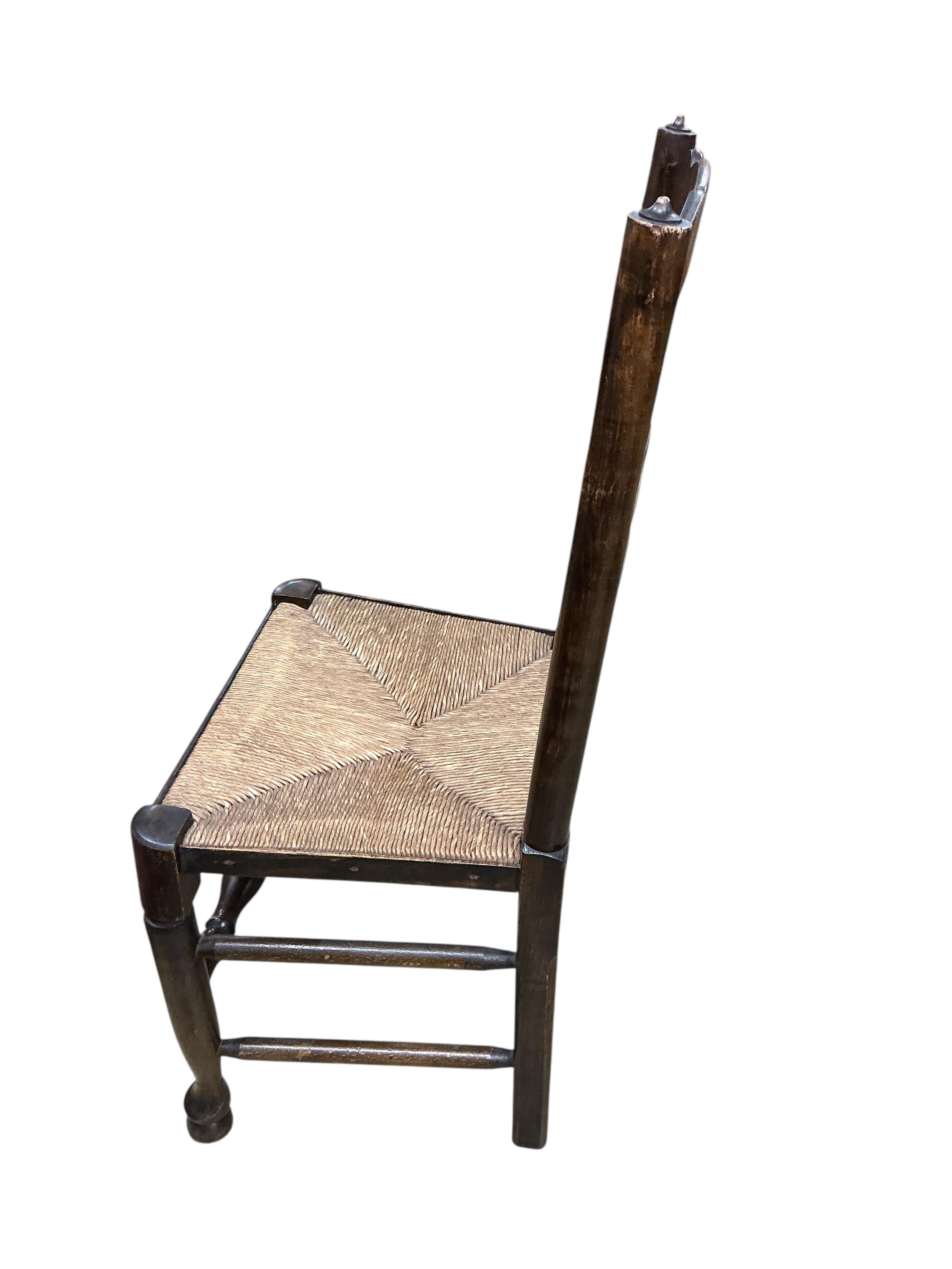 A set of six Lancashire style elm and beech rush seat ladder back dining chairs, width 41cm, height 100cm